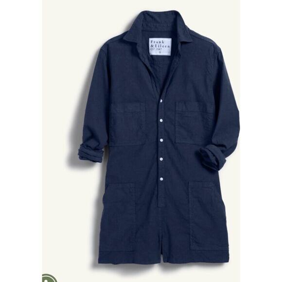 FRANK & EILEEN M Medium Navy Performance Linen Ireland Long Slv Playsuit Romper - Picture 6 of 9